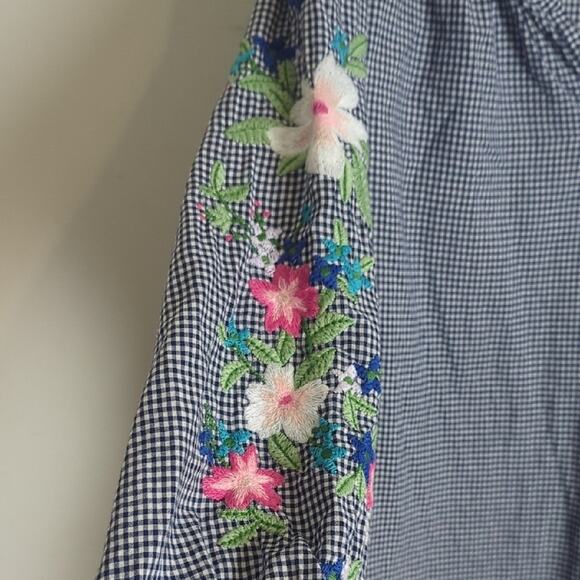 Colorful Embroidered Lightweight Black and White Checkered Top Women's Size L - Picture 5 of 9